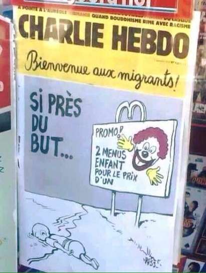 "Шарли Ебдо" разбуни света с противоречиви карикатури на малкия Айлян Курди (СНИМКИ)