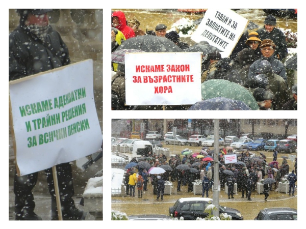 Снежен протест на възрастни и запасняци пред парламента – искат по-големи пенсии и таван на депутатските заплати