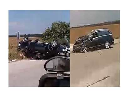 Катастрофа със скъпи коли край Каменар, джип е обърнат по таван (ВИДЕО)