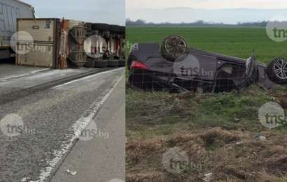 Меле на пътя! Камион и джип по таван затвориха магистралата за Бургас (СНИМКИ)