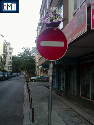Романтичен букет от цветя "разцъфна" върху пътен знак в центъра на Бургас