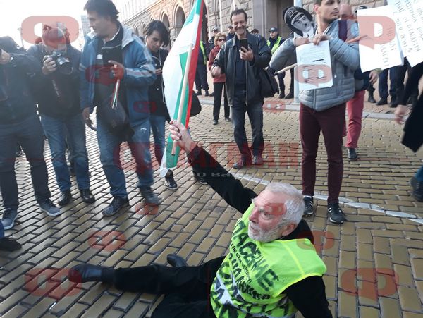 Протестът срещу Симеонов прерасна в цирк. Йоло Денев легна на жълтите павета