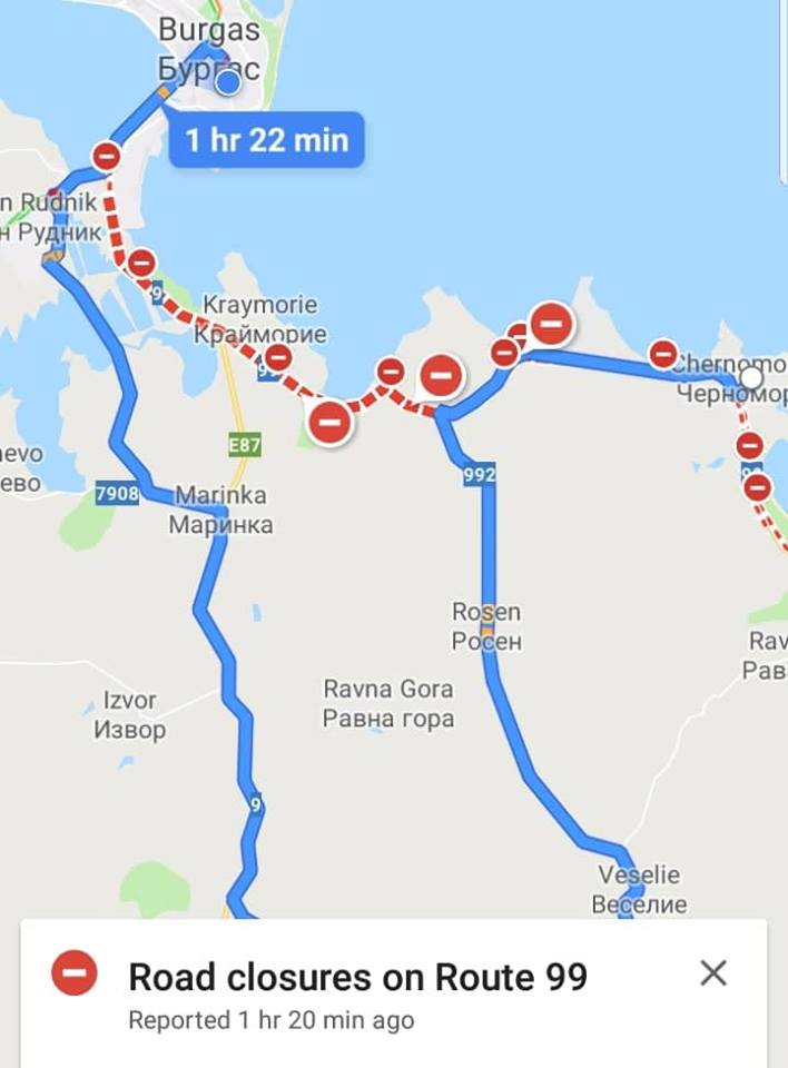 Затворен ли е пътят Бургас-Черноморец от надлеза за Созопол? Според Google - да, но каква е истината (КАРТА)