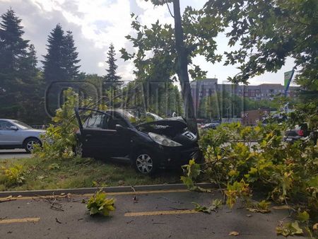 Извънредно! 19-годишен с Пежо изхвърча от пътя край УМБАЛ-Бургас и се заби в дърво