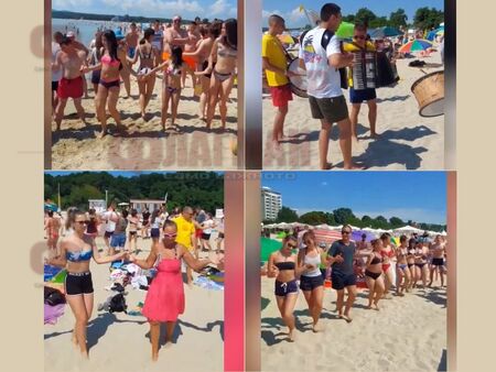 Веселяци по бански се хванаха на хоро на плажа в Приморско