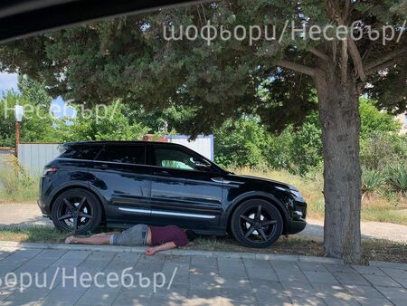 Шофьор легна да поспи на земята, сянка му пази 100-годишно дърво и лъскав Рейндж Ровър в Несебър