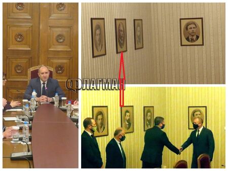 Разместване на портретите в пленарната зала на Дондуков 2 доведе
