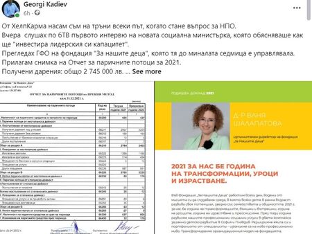 Георги Кадиев – 66 процента от даренията в НПО-то на министър Шалапатова са харчени за заплати