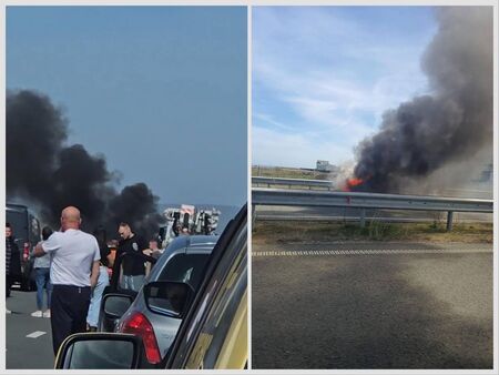 БМВ пламна като факла на пътя за Слънчев бряг, десетки коли са блокирани