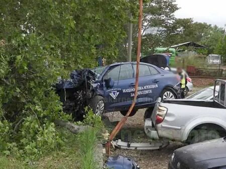 Автомобил на НАП помете дърво, спря се в две коли за продан