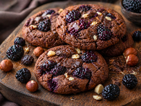 Неустоими шоколадови бисквитки с къпини и лешници